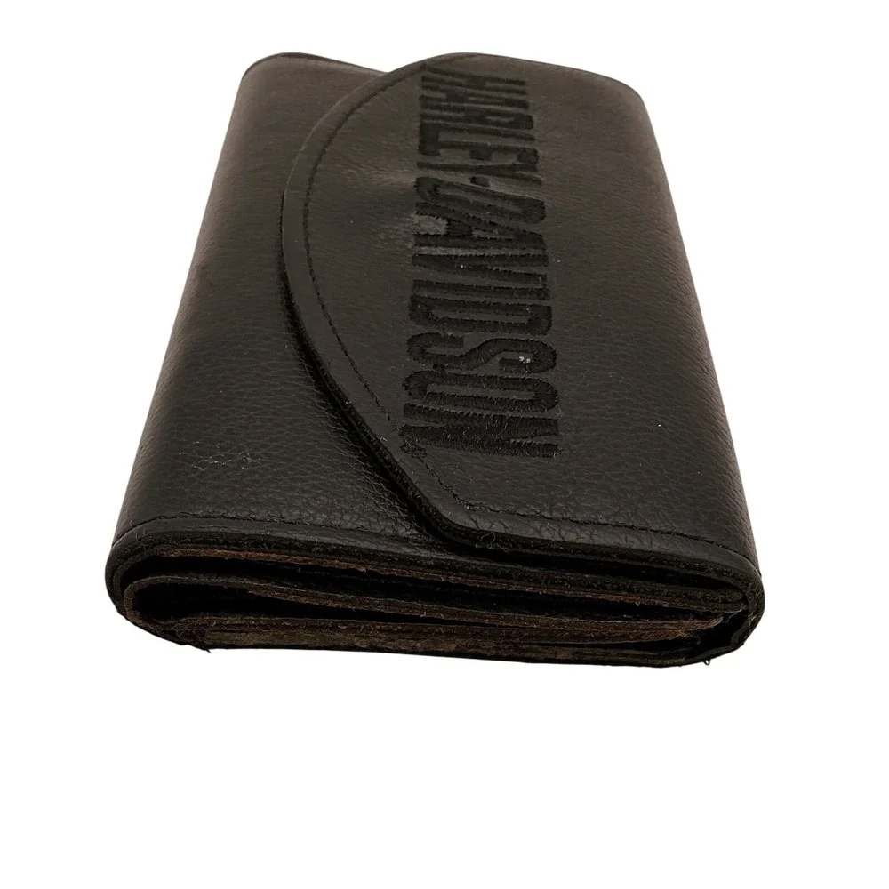 Harley Davidson Leather‎ Checkbook Wallet Black Snap Bifold Rider Embroidered